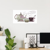 Tea time lila theepot, teacup en cupcake Poster (Thuiskantoor)