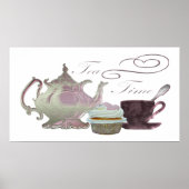 Tea time lila theepot, teacup en cupcake Poster (Voorkant)