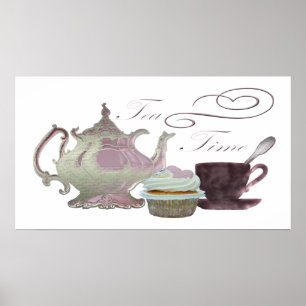 Tea time lila theepot, teacup en cupcake Poster