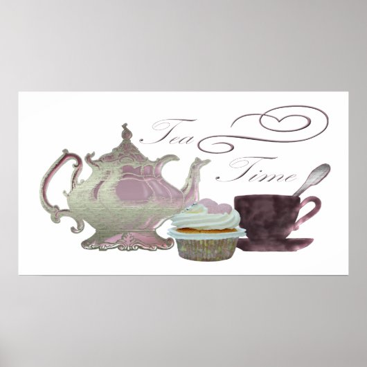 Tea time lila theepot, teacup en cupcake Poster (Voorkant)