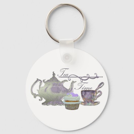 Tea Time. Lilac Teapot, Teacup and Cupcake Art Sleutelhanger (Voorkant)