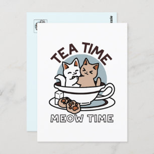Tea Time Meow Time - Schattige kat en thee ontwerp Briefkaart