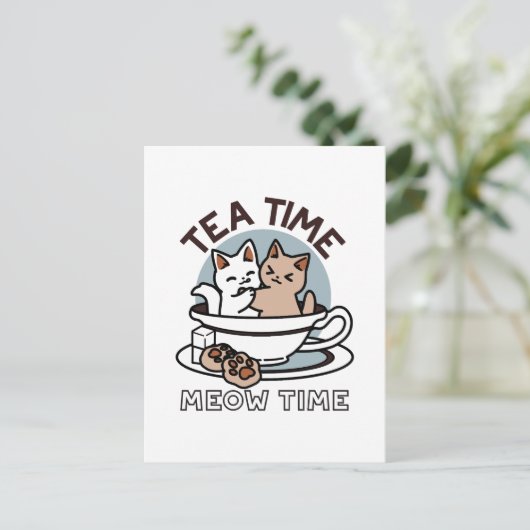 Tea Time Meow Time - Schattige kat en thee ontwerp Briefkaart (Staand voorkant)