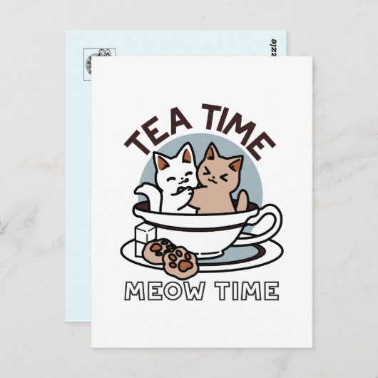 Tea Time Meow Time - Schattige kat en thee ontwerp Briefkaart (Voorkant / Achterkant)