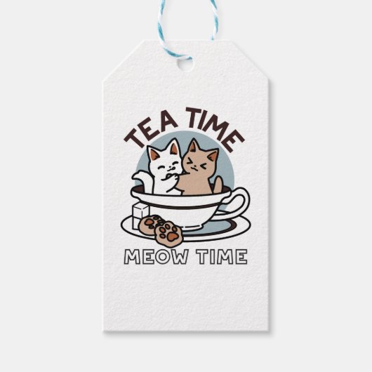 Tea Time Meow Time - Schattige kat en thee ontwerp Cadeaulabel (Voorkant)