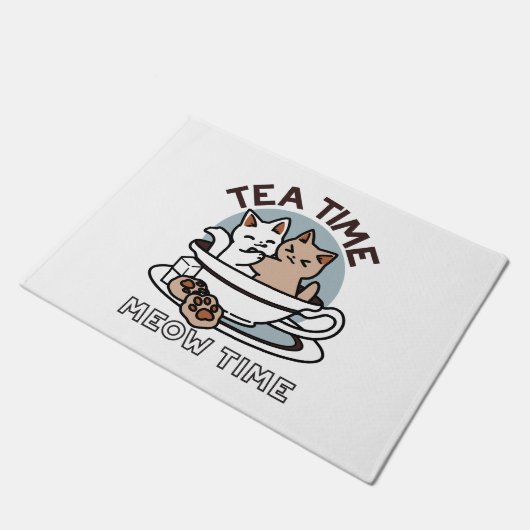 Tea Time Meow Time - Schattige kat en thee ontwerp Deurmat (Schuin)