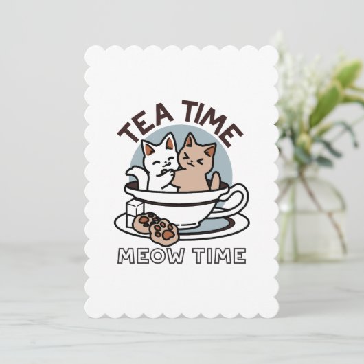 Tea Time Meow Time - Schattige kat en thee ontwerp Kaart (Staand voorkant)