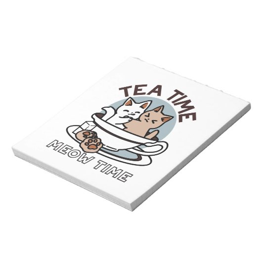 Tea Time Meow Time - Schattige kat en thee ontwerp Notitieblok (Linkerzijde)