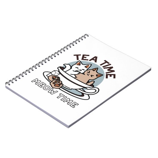 Tea Time Meow Time - Schattige kat en thee ontwerp Notitieboek (Linkerzijde)