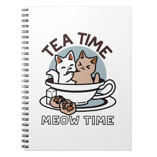 Tea Time Meow Time - Schattige kat en thee ontwerp Notitieboek (Voorkant)
