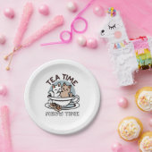 Tea Time Meow Time - Schattige kat en thee ontwerp Papieren Bordje (Feest)