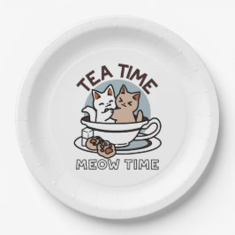 Tea Time Meow Time - Schattige kat en thee ontwerp Papieren Bordje