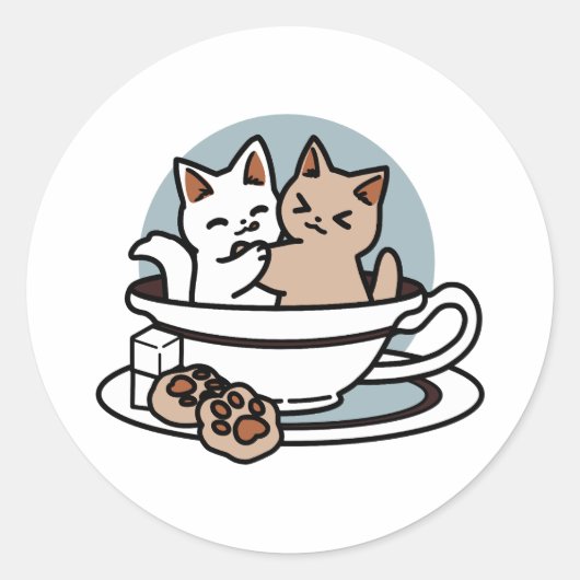 Tea Time Meow Time - Schattige kat en thee ontwerp Ronde Sticker (Voorkant)