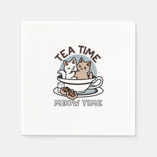 Tea Time Meow Time - Schattige kat en thee ontwerp Servet