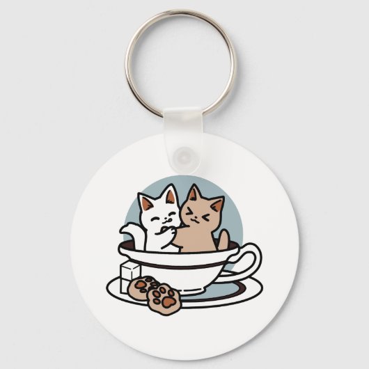 Tea Time Meow Time - Schattige kat en thee ontwerp Sleutelhanger (Achterkant)