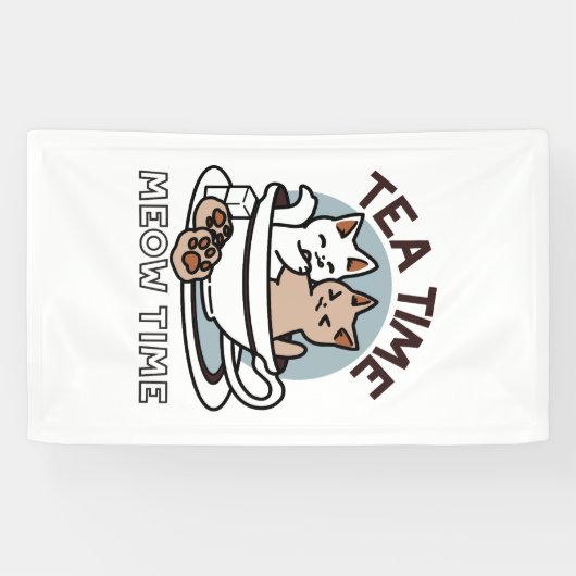 Tea Time Meow Time - Schattige kat en thee ontwerp Spandoek (Horizontaal)