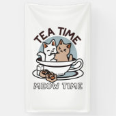 Tea Time Meow Time - Schattige kat en thee ontwerp Spandoek (Verticaal)
