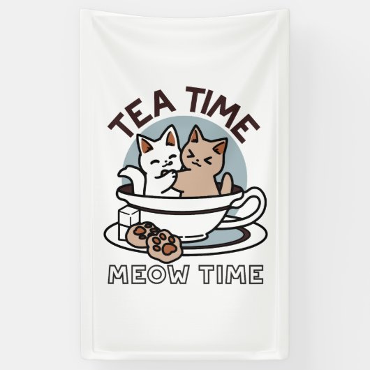 Tea Time Meow Time - Schattige kat en thee ontwerp Spandoek (Verticaal)