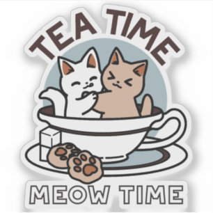 Tea Time Meow Time - Schattige kat en thee ontwerp Sticker