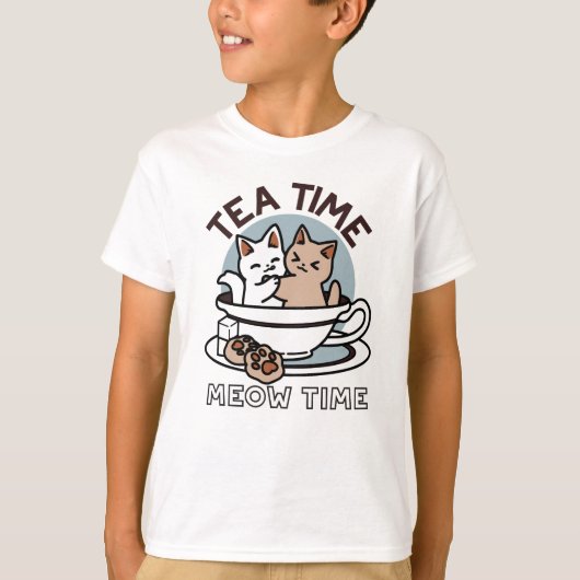 Tea Time Meow Time - Schattige kat en thee ontwerp T-shirt (Voorkant)