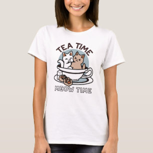 Tea Time Meow Time - Schattige kat en thee ontwerp T-shirt