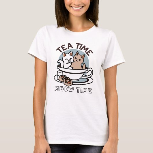 Tea Time Meow Time - Schattige kat en thee ontwerp T-shirt (Voorkant)