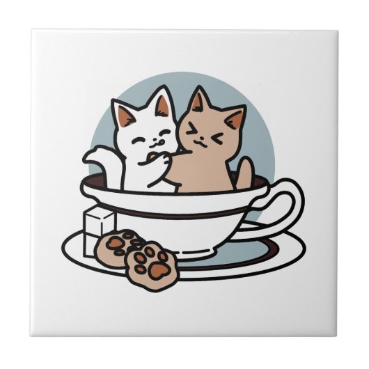 Tea Time Meow Time - Schattige kat en thee ontwerp Tegeltje (Voorkant)