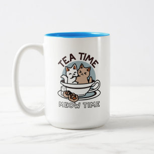 Tea Time Meow Time - Schattige kat en thee ontwerp Tweekleurige Koffiemok