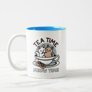 Tea Time Meow Time - Schattige kat en thee ontwerp Tweekleurige Koffiemok
