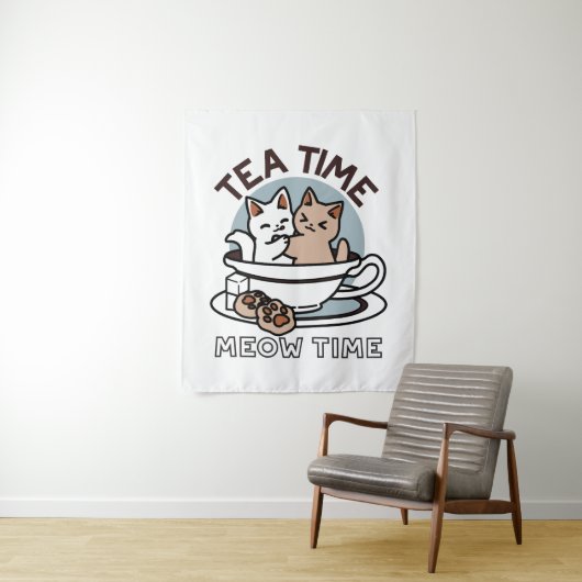 Tea Time Meow Time - Schattige kat en thee ontwerp Wandkleed (In situ)