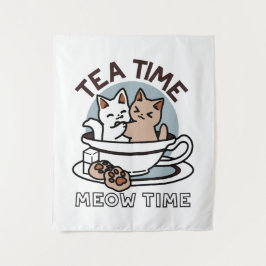 Tea Time Meow Time - Schattige kat en thee ontwerp Wandkleed