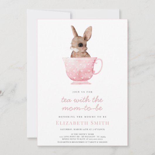 Tea Time Party Cute Bunny Pink Girl Baby shower Kaart (Voorkant)