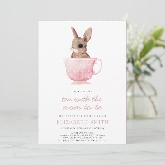 Tea Time Party Cute Bunny Pink Girl Baby shower Kaart (Staand voorkant)