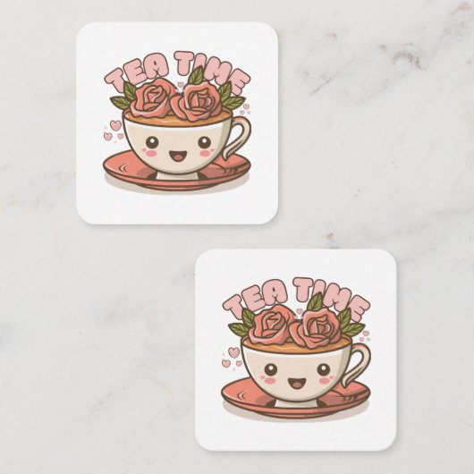 Tea Time Roos thee Kawaii Vierkante Visitekaartje (Voorkant / Achterkant)