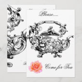 TEA TIME SOCIALE UITNODIGING-ANTIEK THEEPOT & ROOS KAART (Voorkant / Achterkant)