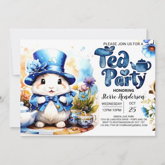 Tea Time Tails Blue Bunny Baby shower Kaart (Voorkant)