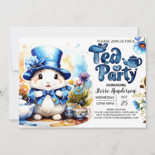Tea Time Tails Blue Bunny Baby shower Kaart