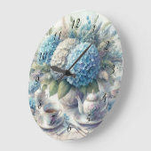 Tea Time theepot en blauwe Hydrangia wandklok (Hoek)