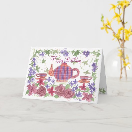 Tea Time Theepot en Bloemen Verjaardag Kaart (Gele Bloem)