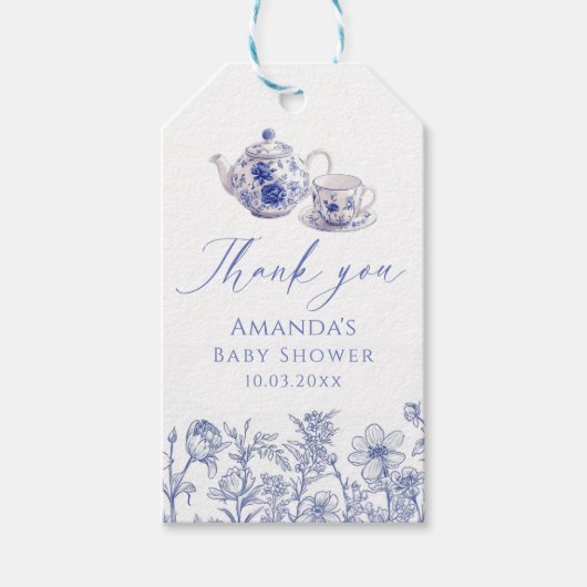 Tea Time Toile baby shower Cadeaulabel (Voorkant)