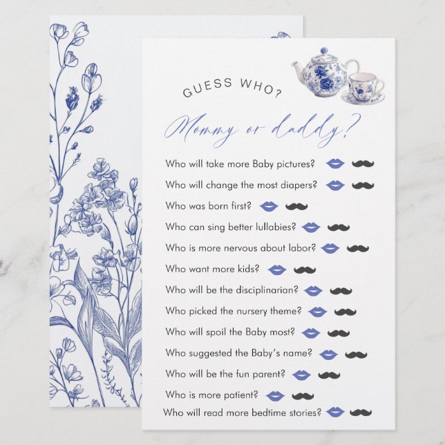 Tea Time Toile thema Baby shower "Guess Who" spel (Voorkant / Achterkant)