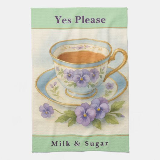 Tea Towel | Vintage Teacup & Pansies Kitchen Decor Theedoek (Verticaal)