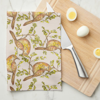 Tea Towel With Hand-Painted Birds on Branches Theedoek