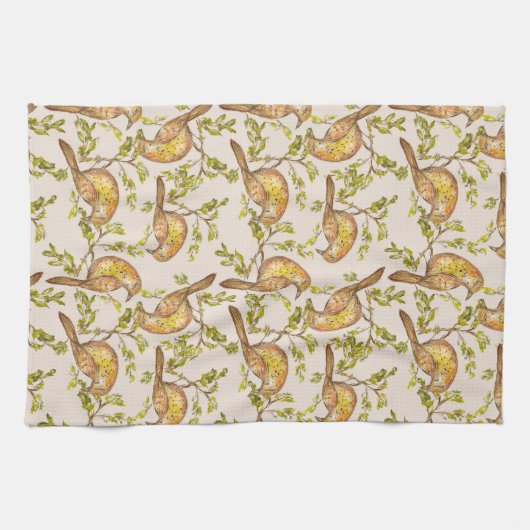 Tea Towel With Hand-Painted Birds on Branches Theedoek (Horizontaal)