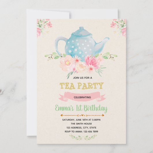 Tea verjaardag thema uitnodiging (Voorkant)