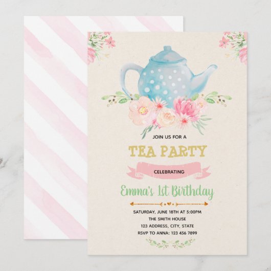 Tea verjaardag thema uitnodiging (Voorkant / Achterkant)