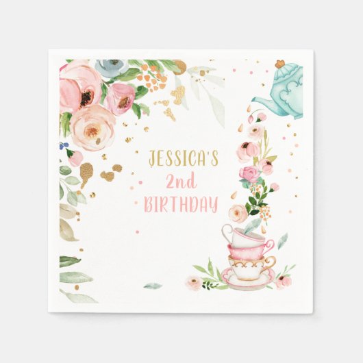 Tea Verjaardagsfeest Bloemen Thee Roze Goud Meisje Servet (Voorkant)