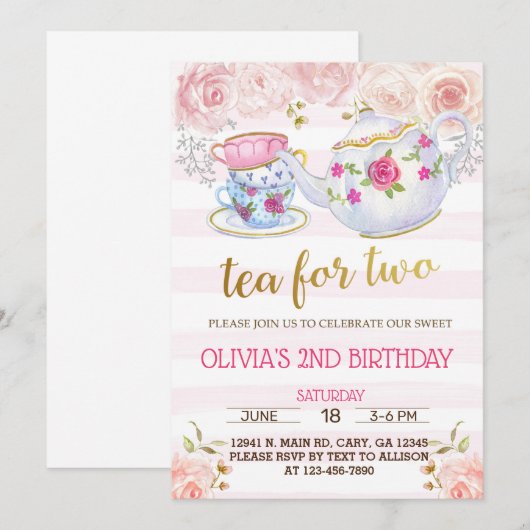 Tea voor twee meisje tweede verjaardag uitnodiging (Voorkant / Achterkant)