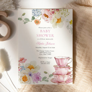 Tea Wildflower Roze Baby shower Kaart