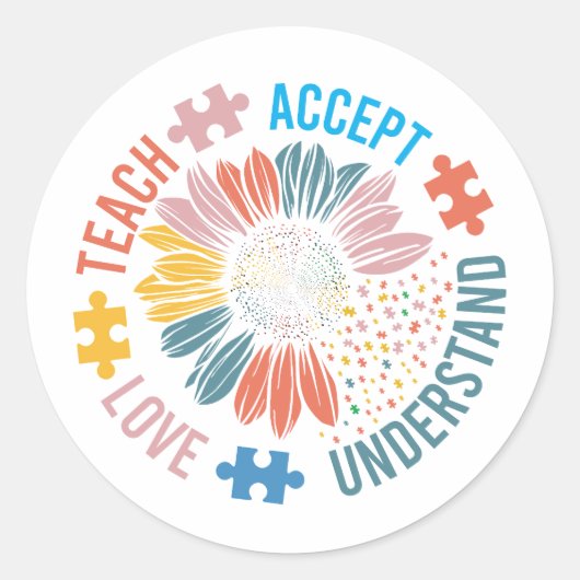 "Teach Accept Love Understand" Puzzle Piece Flower Ronde Sticker (Voorkant)